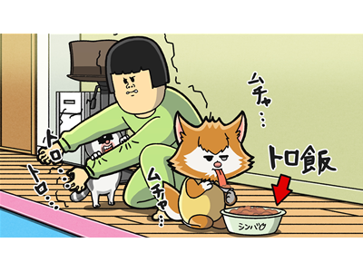 まめきちまめこニートの日常 第57話「トロ飯を雰囲気で味わおうとする猫」／第58話「時間だけは無限にある猫の犯罪」